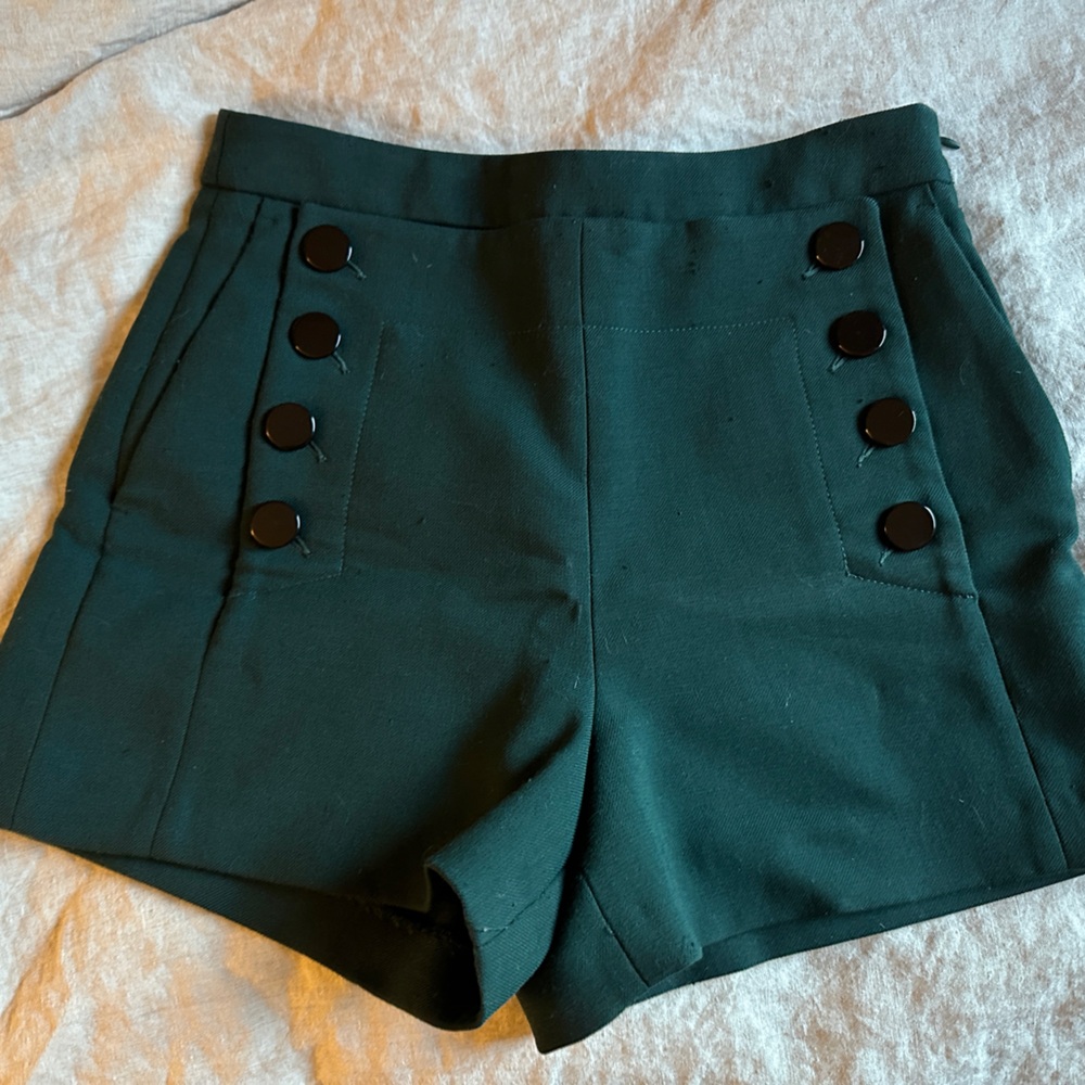 Sandro Dark Green High Waist Sailor Shorts with Black Buttons